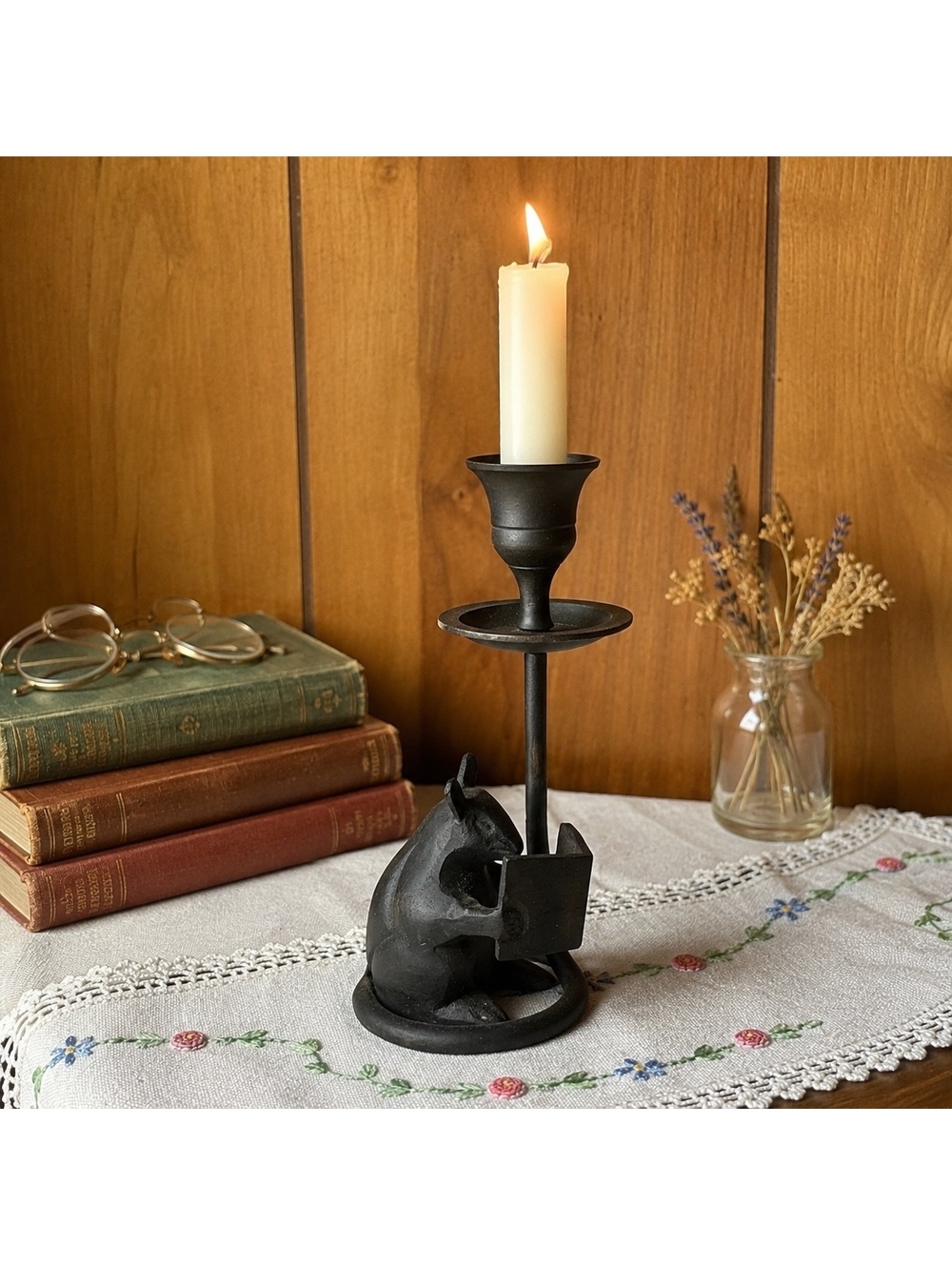 Vintage Mouse Reading Book Candle Holder Cast Metal Made in India 6.25 Inch